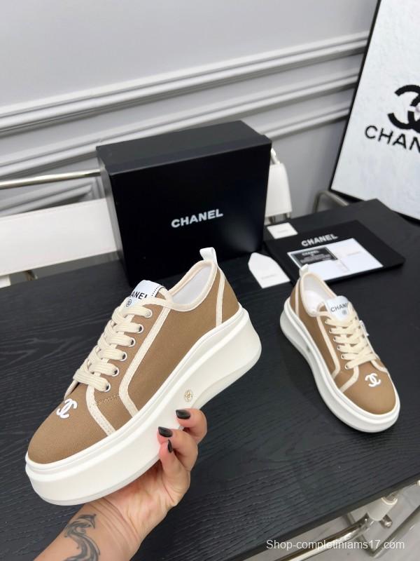 2025 Women Chanel Beige Canvas Leather Sneakers Collaboration LY00250