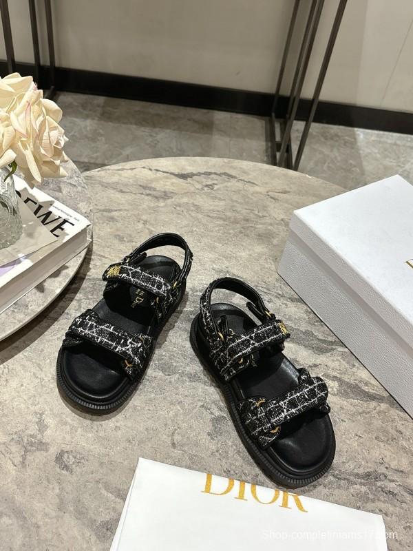 2025 Women Dior Black Fabric Leather Sandals KFY00300
