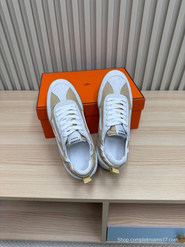 2025 Unisex Hermès White Beige Suede Goat Leather Sneakers Top Version LY00310