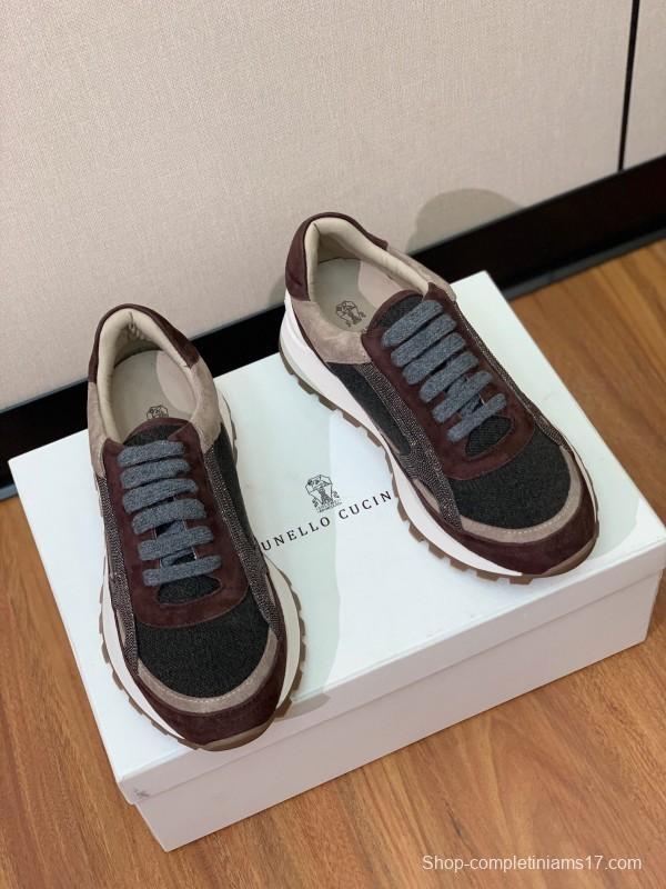 2025 Unisex Brunello Cucinelli Brown Beige Black Suede Leather Sneakers LY