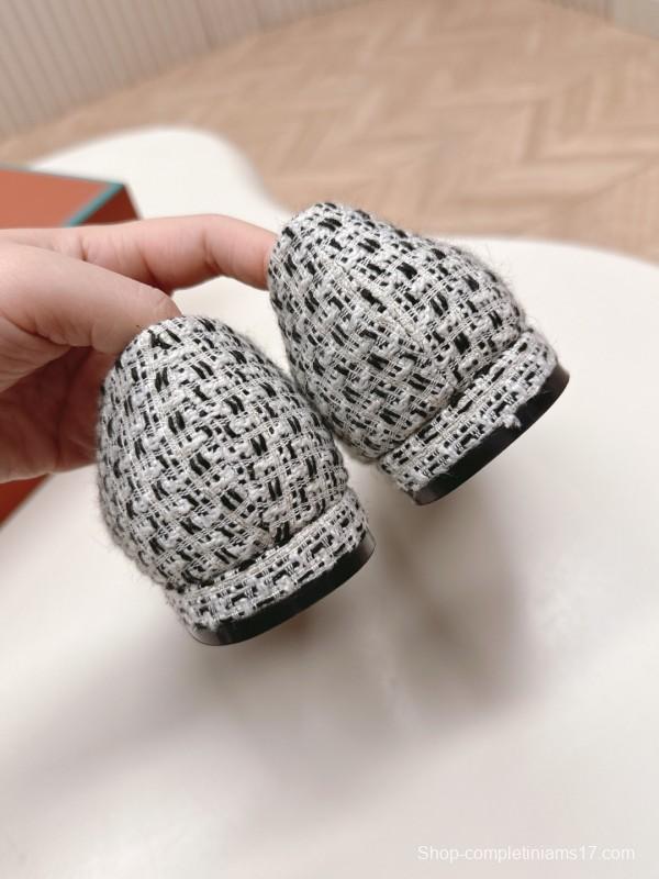 2025 Women Le Parmentier Black White Tweed Leather Pointed Toe Loafers