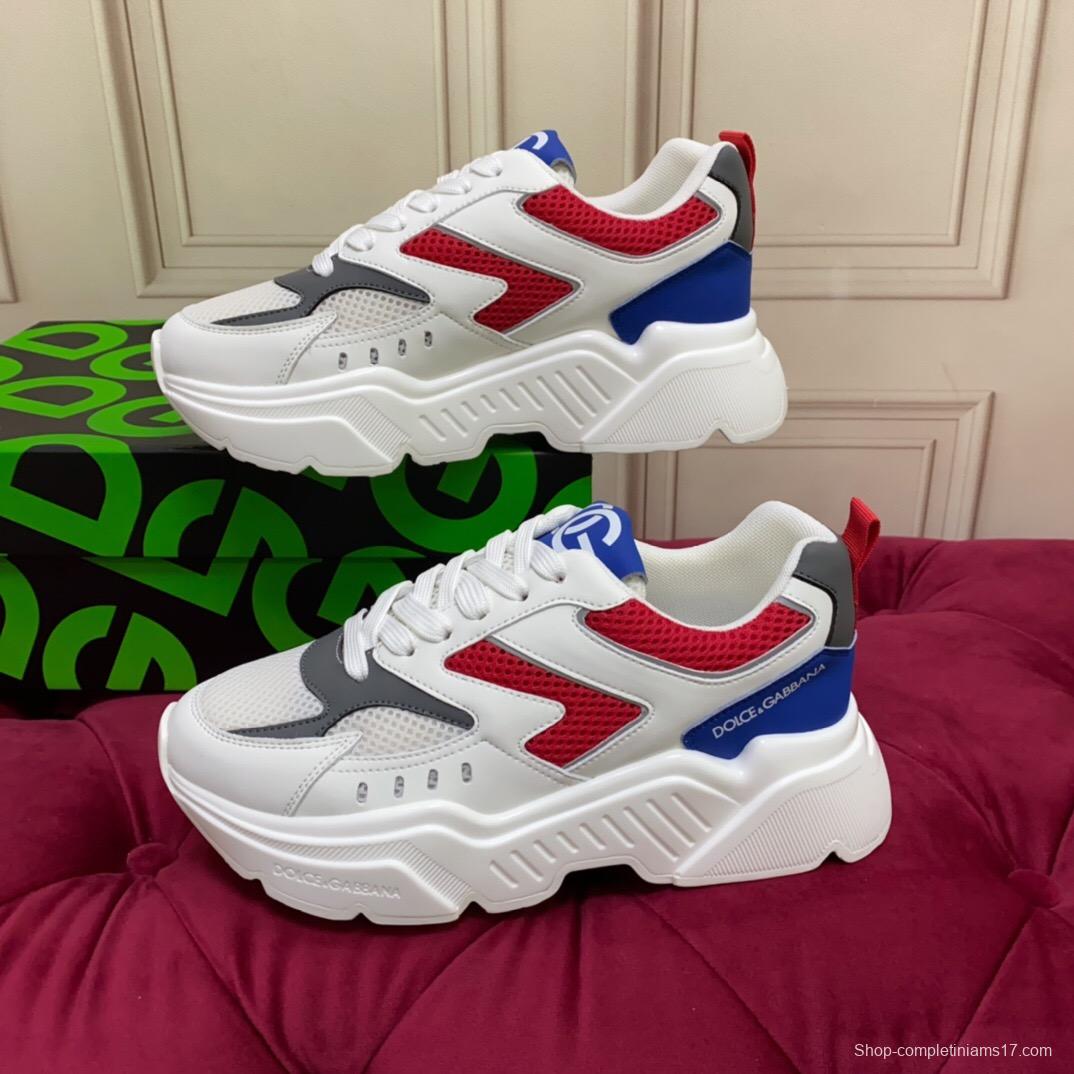 2025 Unisex Dolce & Gabbana White Red Blue Leather Mesh Sneakers LY00330(F)/LY00340(M)