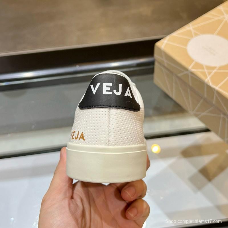 2025 Unisex VEJA White Black Leather Canvas Sneakers V Logo MJ00240(W/M)