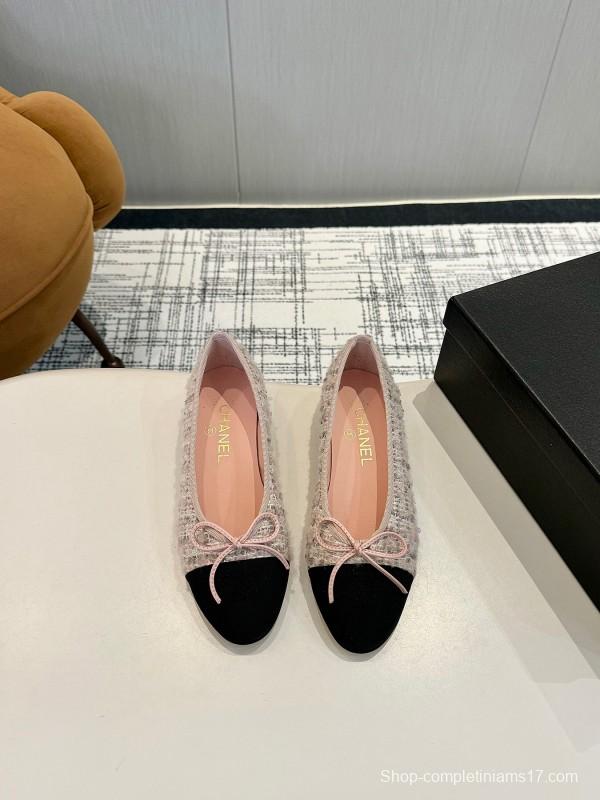 2025 Women Chanel Pink Black Sheepskin Tweed Ballet Flat LY00250