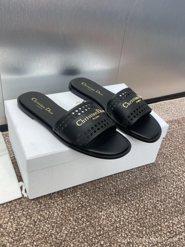 2025 Women Dior Black Leather Slides