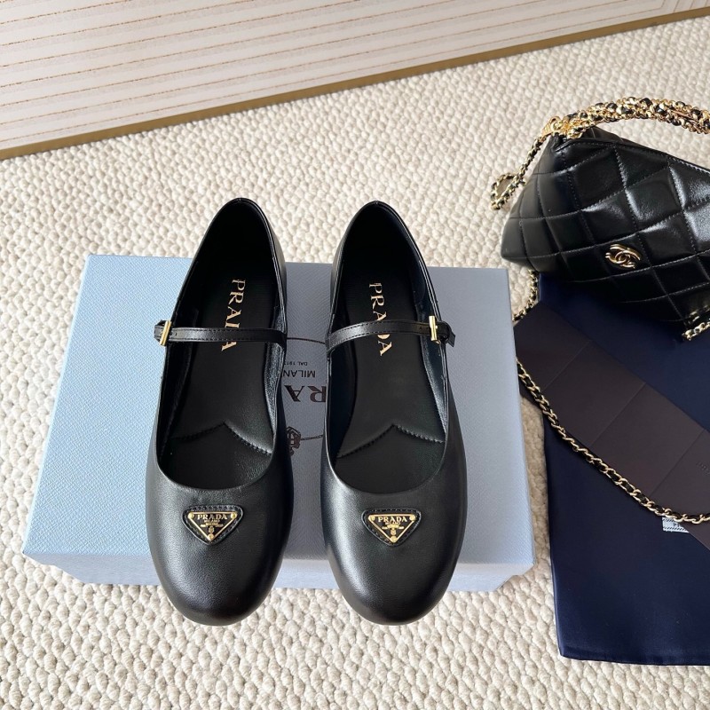 2025 Women Prada Black Leather Mary Jane Flat