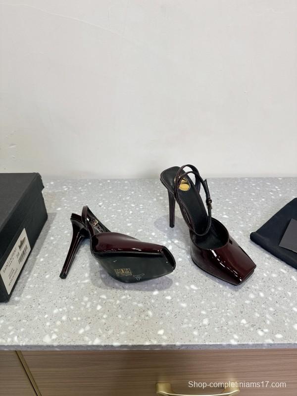 2025 Women Yves Saint Laurent Burgundy Patent Leather Slingback Stiletto Heel