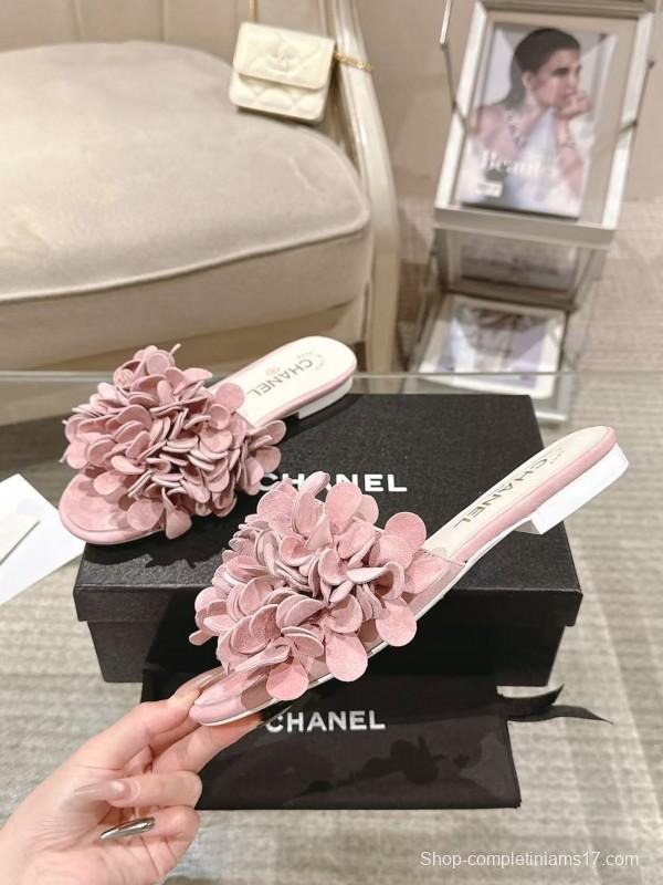 2025 Women Chanel Pink Suede Slippers Floral B2032-2
