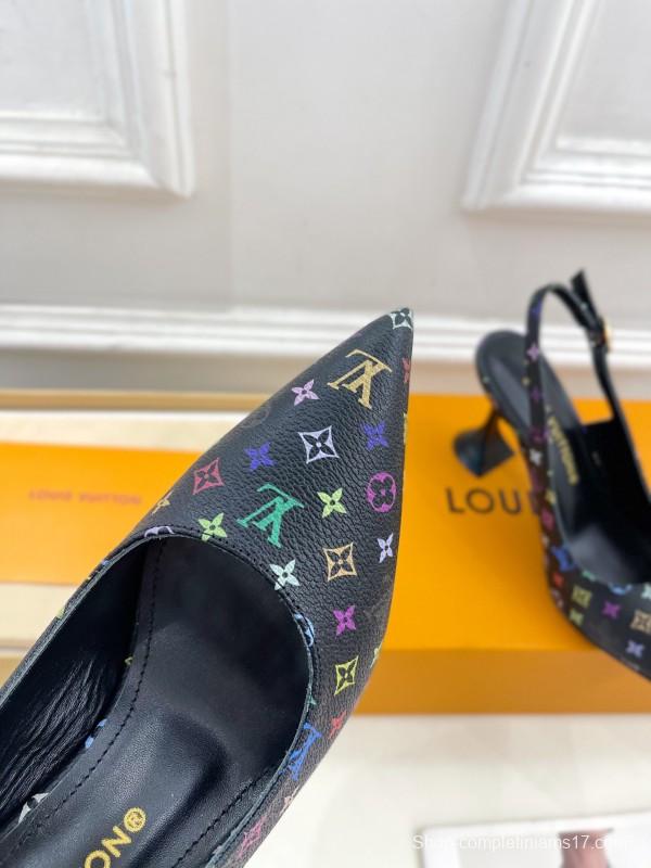 2025 Women Louis Vuitton Black Multicolor Leather Slingback Heels KFY00280