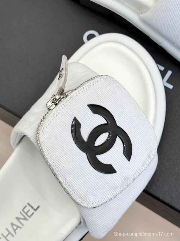 2025 CHANEL White Canvas Slippers KFY00220