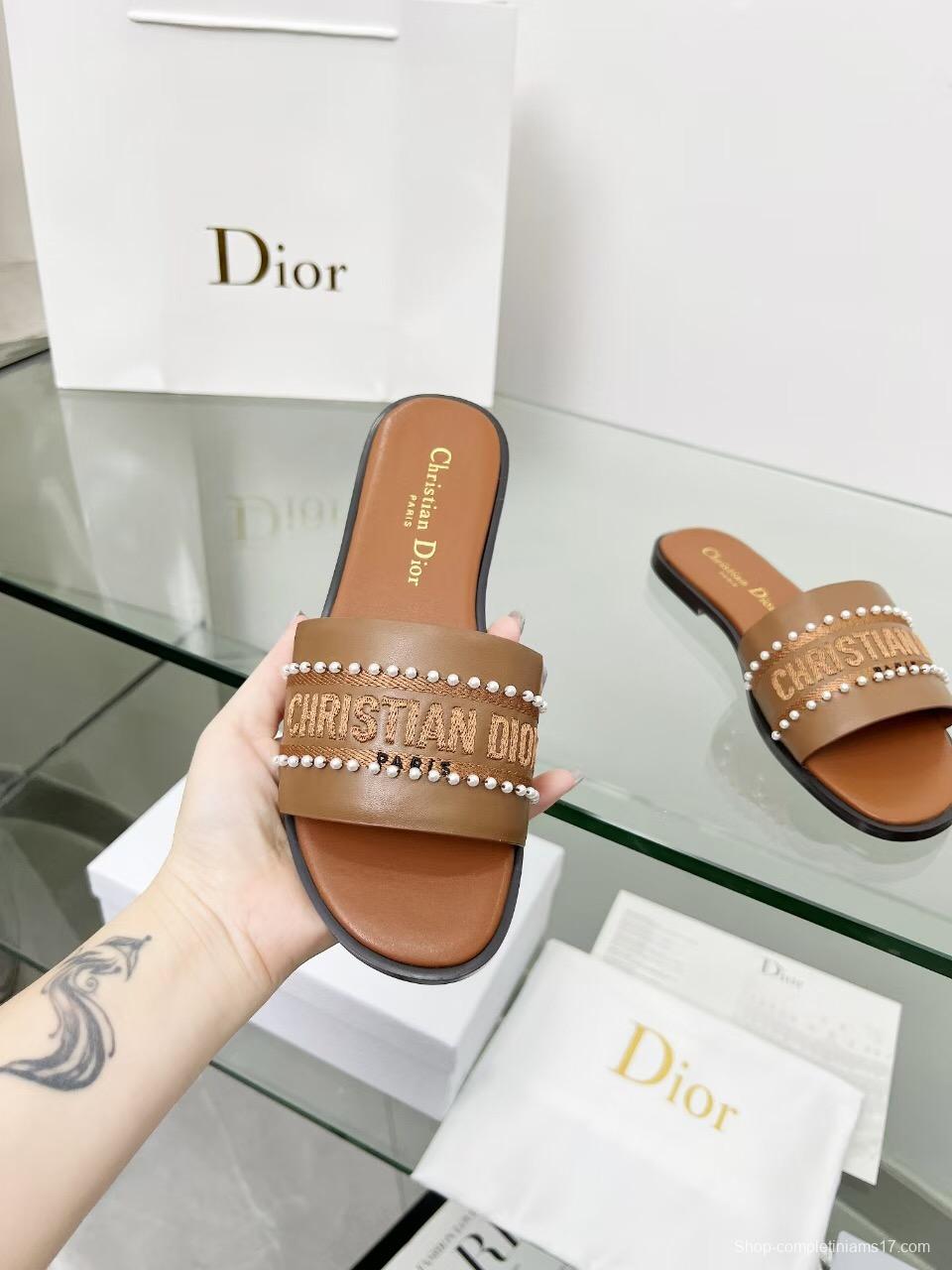 2025 Slippers Dior Brown Leather Women Slide Pearl LY00190