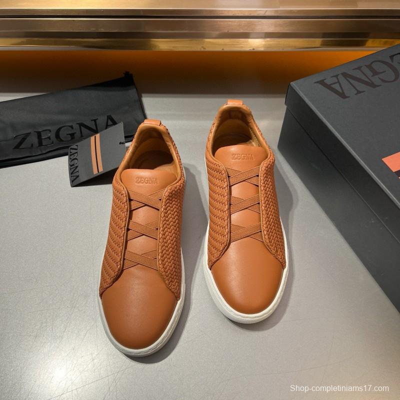 2024 Men Ermenegildo Zegna Brown Leather Woven Sneakers