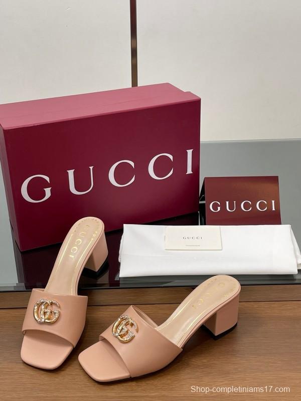 2025 Women Gucci Pink Leather Slippers GG Crystal Buckle LY00280