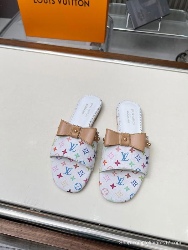 2025 Women Louis Vuitton White Multicolor Leather Slippers Monogram LY00200