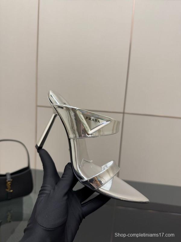 2025 Women Prada Silver Leather Pointed Toe Sandals