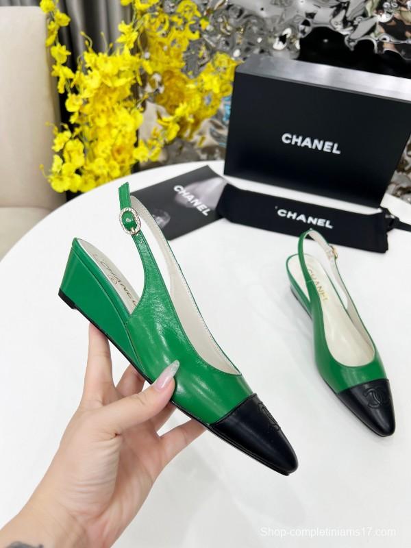 2025 Women Chanel Green Black Leather Slingback Flats
