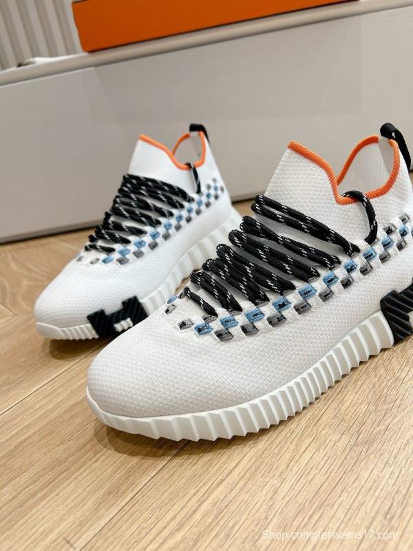 2024 Unisex Hermès White Black Orange Calf Suede Sneakers MJ00290