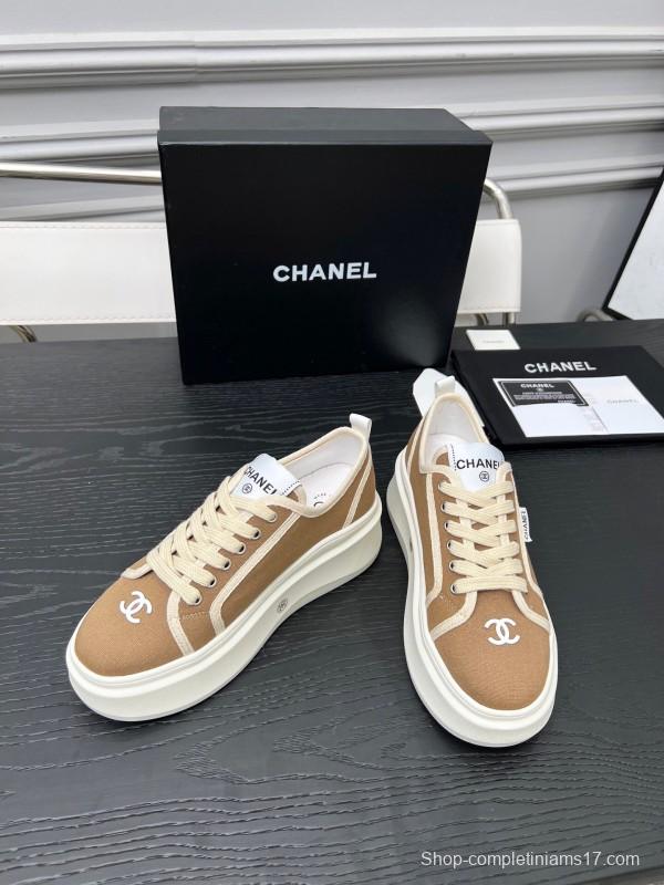 2025 Women Chanel Beige Canvas Leather Sneakers Collaboration LY00250