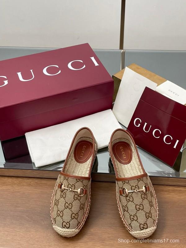 2025 Women Gucci Brown Canvas Leather Loafers Horsebit LY00200