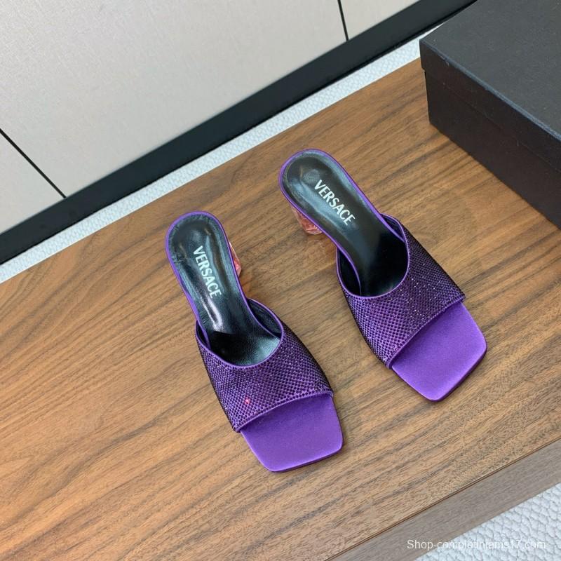 2025 Slippers VERSACE Purple Silk Rhinestone