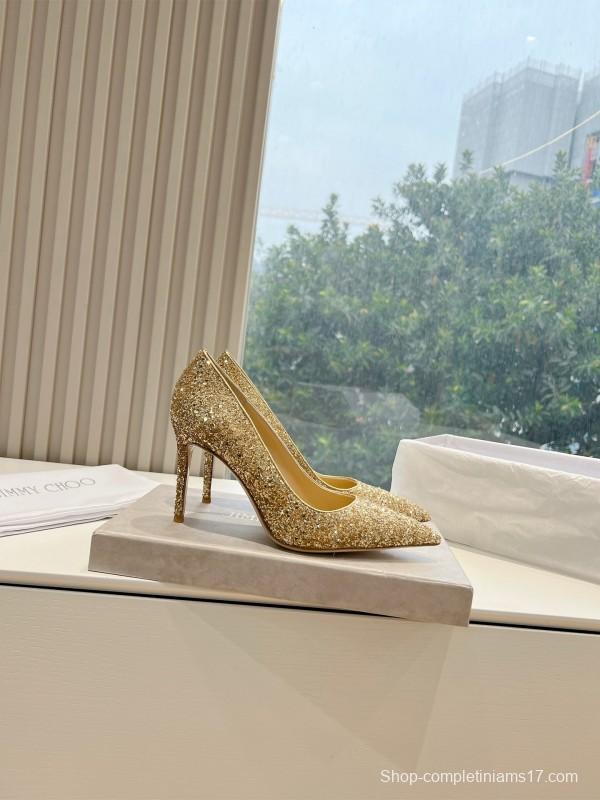 2025 Women Jimmy Choo Gold Crystal Leather Heels KFY00280