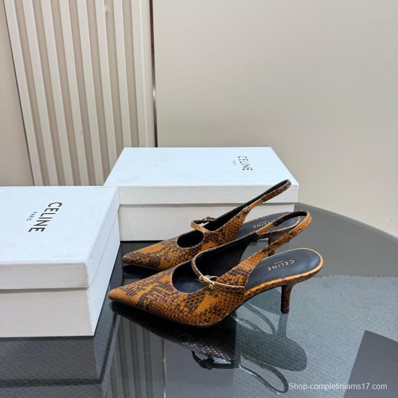 2025 Women CELINE Brown Snake Leather Slingback Pumps