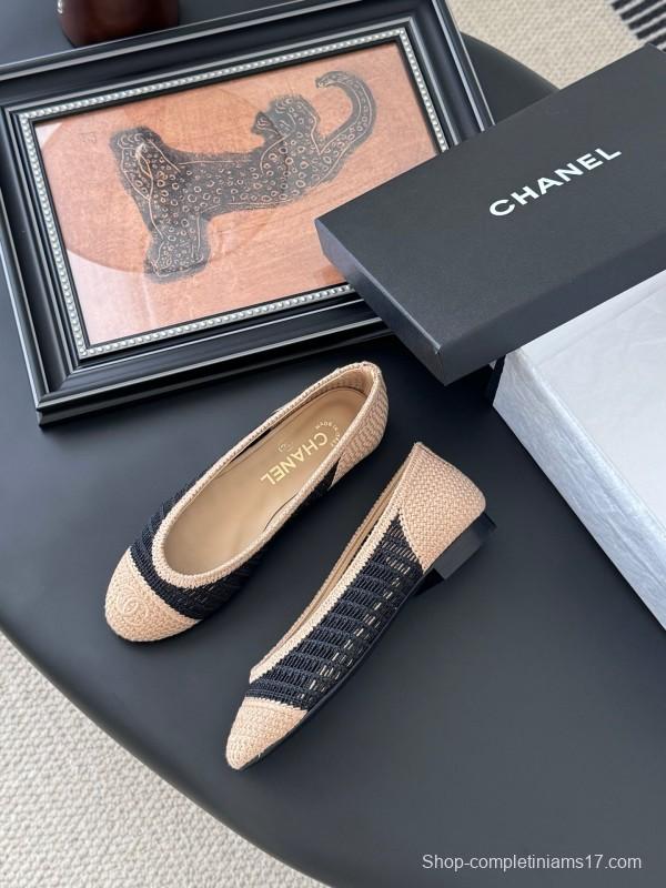 2025 Women Chanel Black Beige Knit Ballet Flats