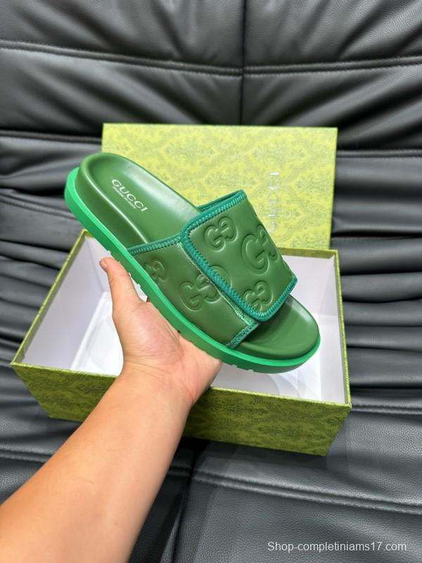 2024 Gucci Green Leather Slippers MJ00200