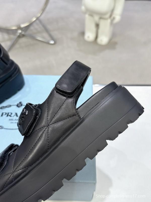 2025 Women Prada Black Leather Sandals