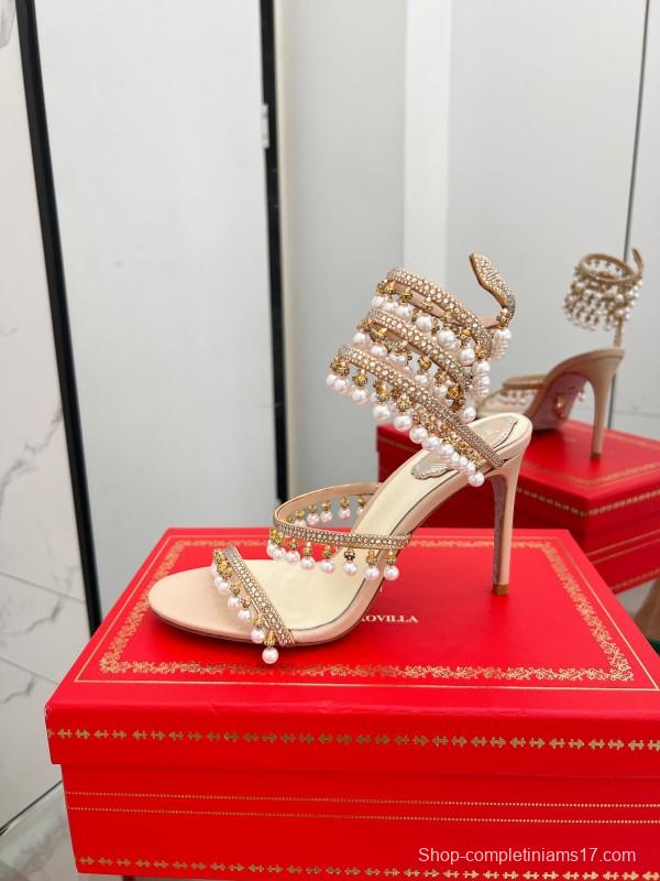 2025 Women RC Champagne Leather Crystal Pearl High Heel Sandal LY00360