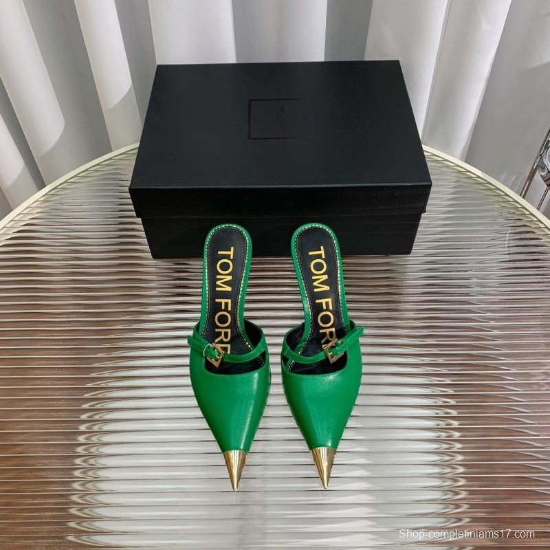 2025 Women TOM FORD Green Gold Leather Pointed Toe Mules KFY00300
