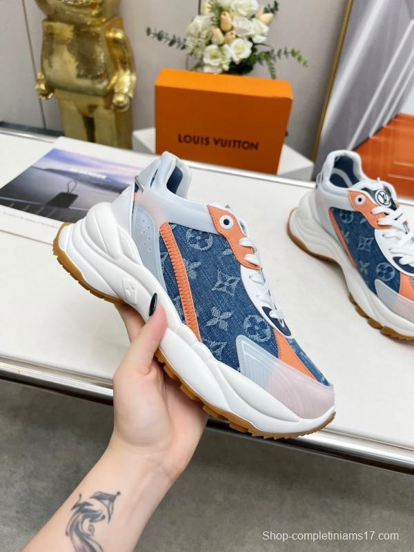 2025 Unisex Louis Vuitton Blue Orange White Leather Mesh Rubber Sneakers Monogram LY00340
