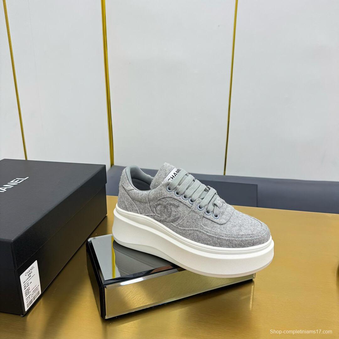 2025 Women Chanel Grey Wool Platform Sneakers