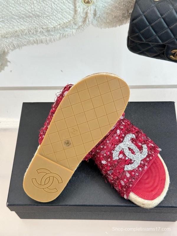 2025 Women Chanel Red Sequin Espadrille Slides Classic Craftsmanship KFY00240(F)