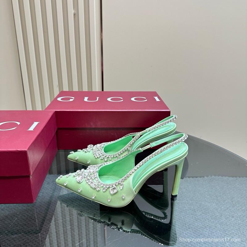 2025 Women Gucci Light Green Satin High Heel Slingback Rhinestone MJ00340