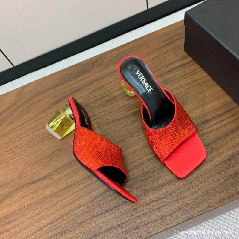 2025 Women VERSACE Red Leather Suede Slip-on Sandals