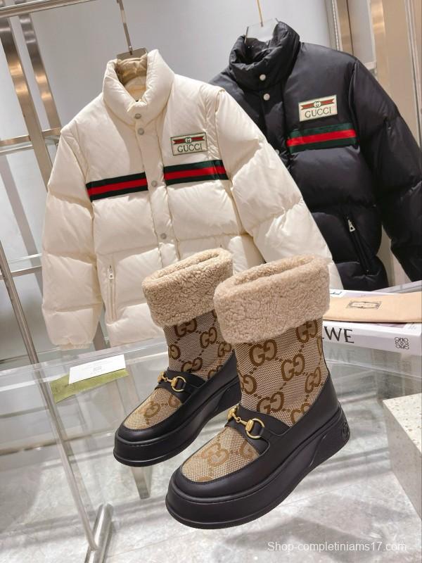 2024 Women Gucci Beige Brown Leather Shearling Snow Boots MJ00420