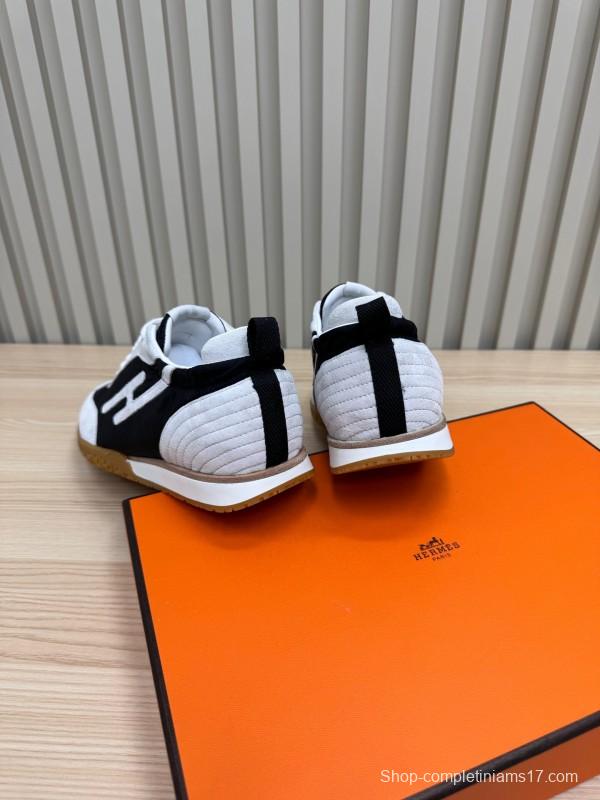 2025 Unisex Hermès White Black Suede Goat Leather Sneakers Top Version KFY00300