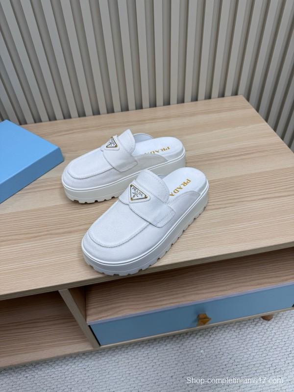 2025 Women Prada White Canvas Platform Loafers