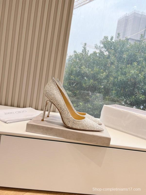 2025 Women Jimmy Choo Silver Glitter Leather Pointed Toe Pumps KFY00280