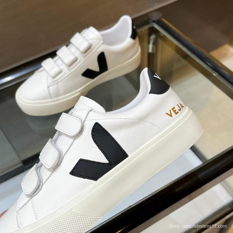 2025 Unisex VEJA White Black Leather Canvas Sneakers Velcro MJ00240(W/M)