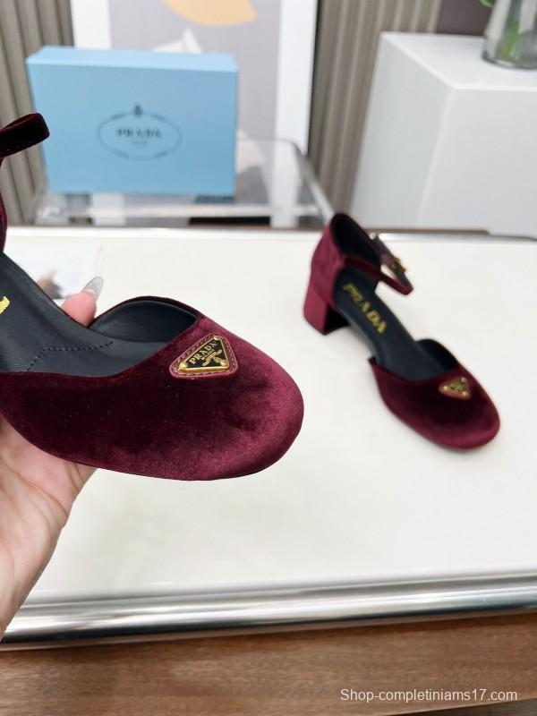2025 Women Prada Burgundy Velvet Mary Jane Heel LY00270