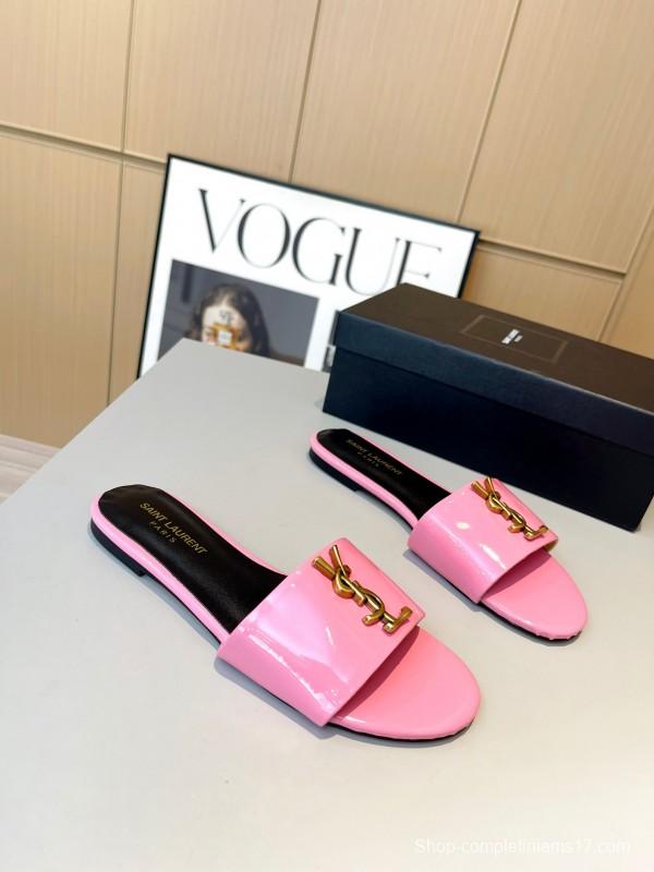 2025 Women Yves Saint Laurent Pink Patent Leather Slippers