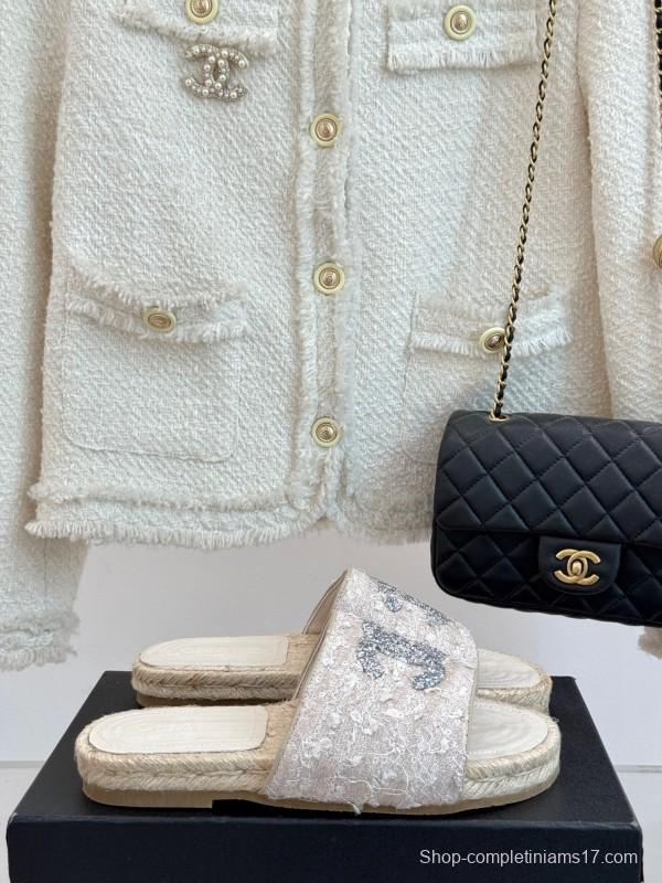 2025/Women Chanel White Lace Espadrille Slides With Sequined CC Logo KFY00240(F)