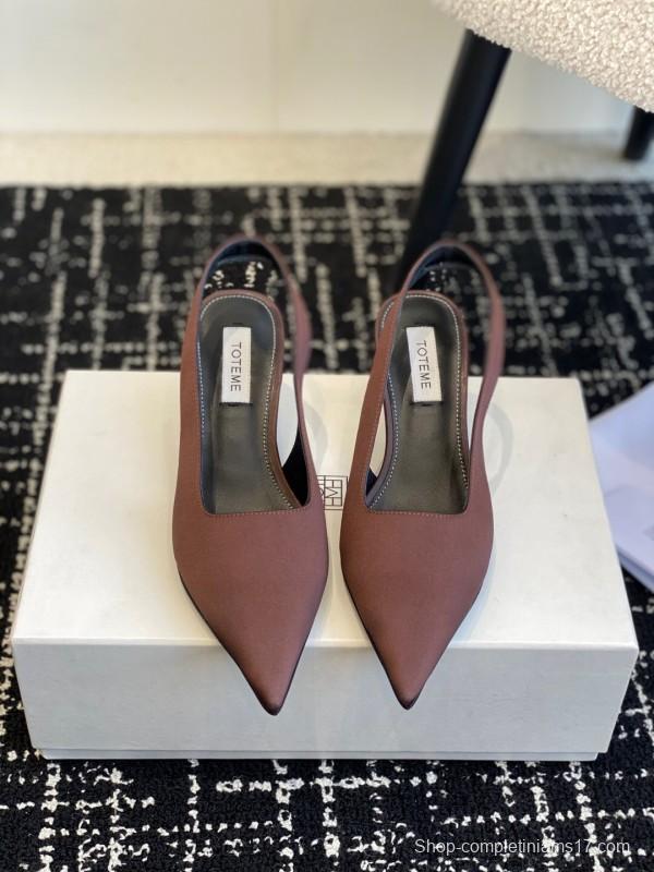 2025 Women Toteme Brown Satin Slingback Pointed Toe Heels