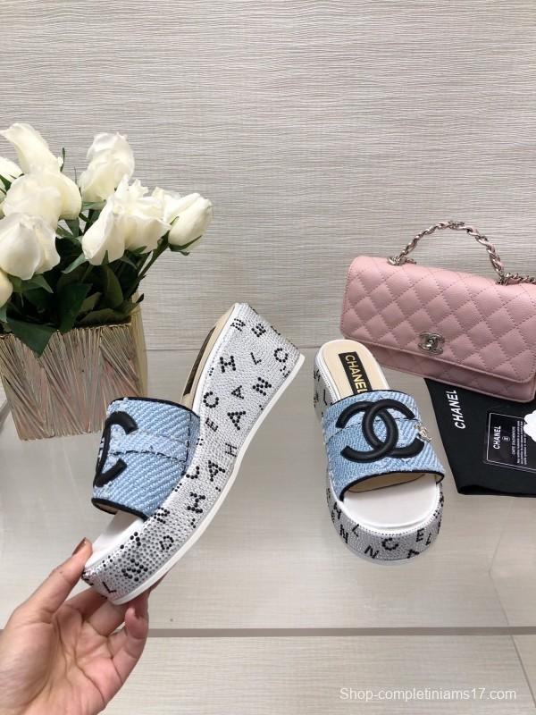 2025 Women Chanel Blue Denim Canvas Slippers LY00320