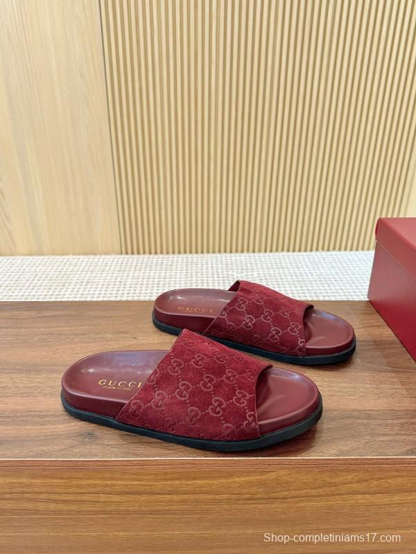2025 Women Gucci Red Suede Leather Slippers