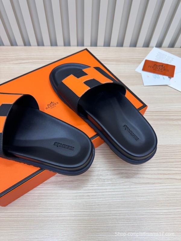 2025 Women Hermès Black Orange Leather Slippers