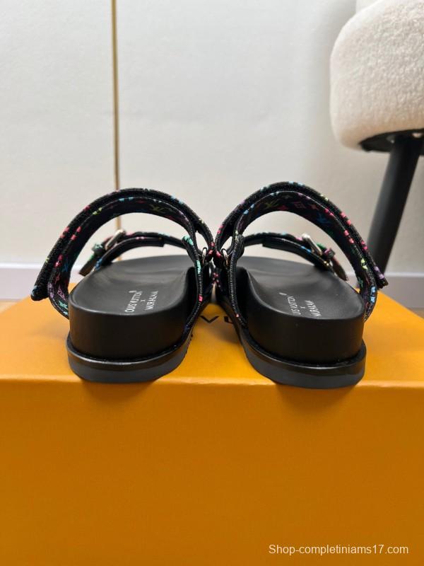 2025 Women Louis Vuitton Black Rainbow Canvas Slippers KFY00280