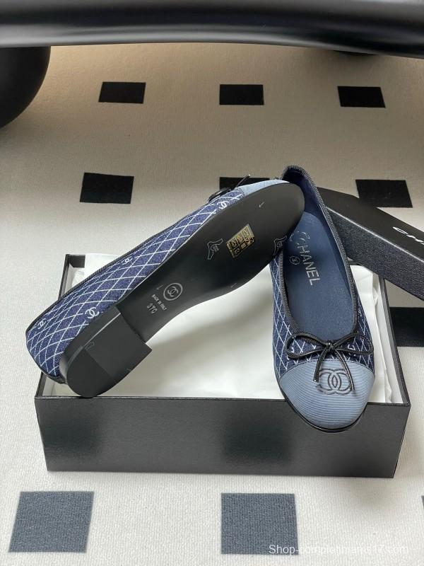2025 Women Chanel Blue Denim Leather Ballet Flat